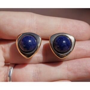 Vintage 14k Solid Yellow Gold Natural Lapis Clip On Stud Earrings - Oval Large